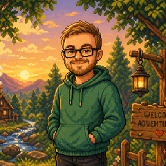 Justin, a pixel-art self-portrait standing by a cabin and woodland creek