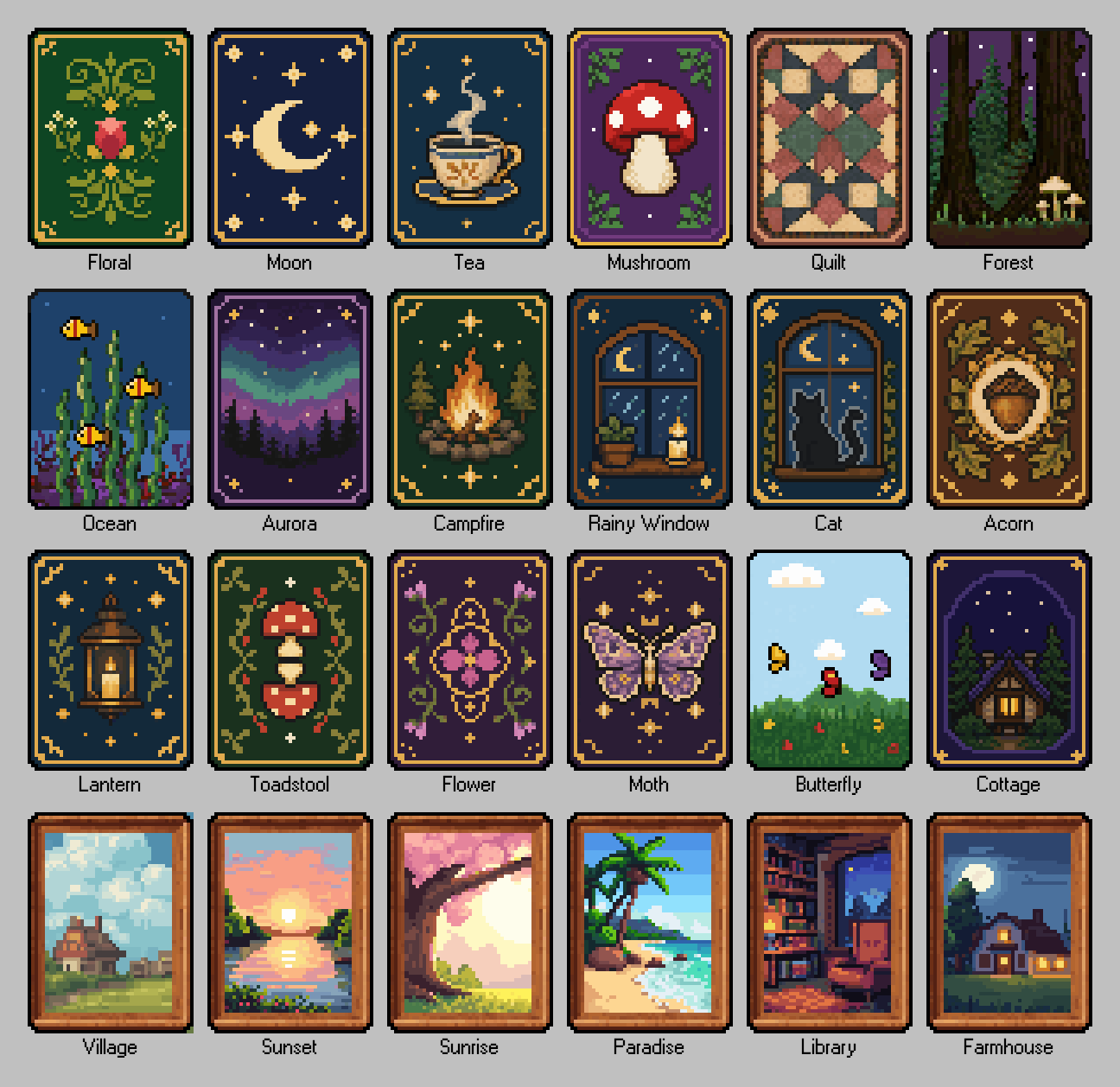 All two dozen Solitaire Nook card backs in a six-by-four grid.
