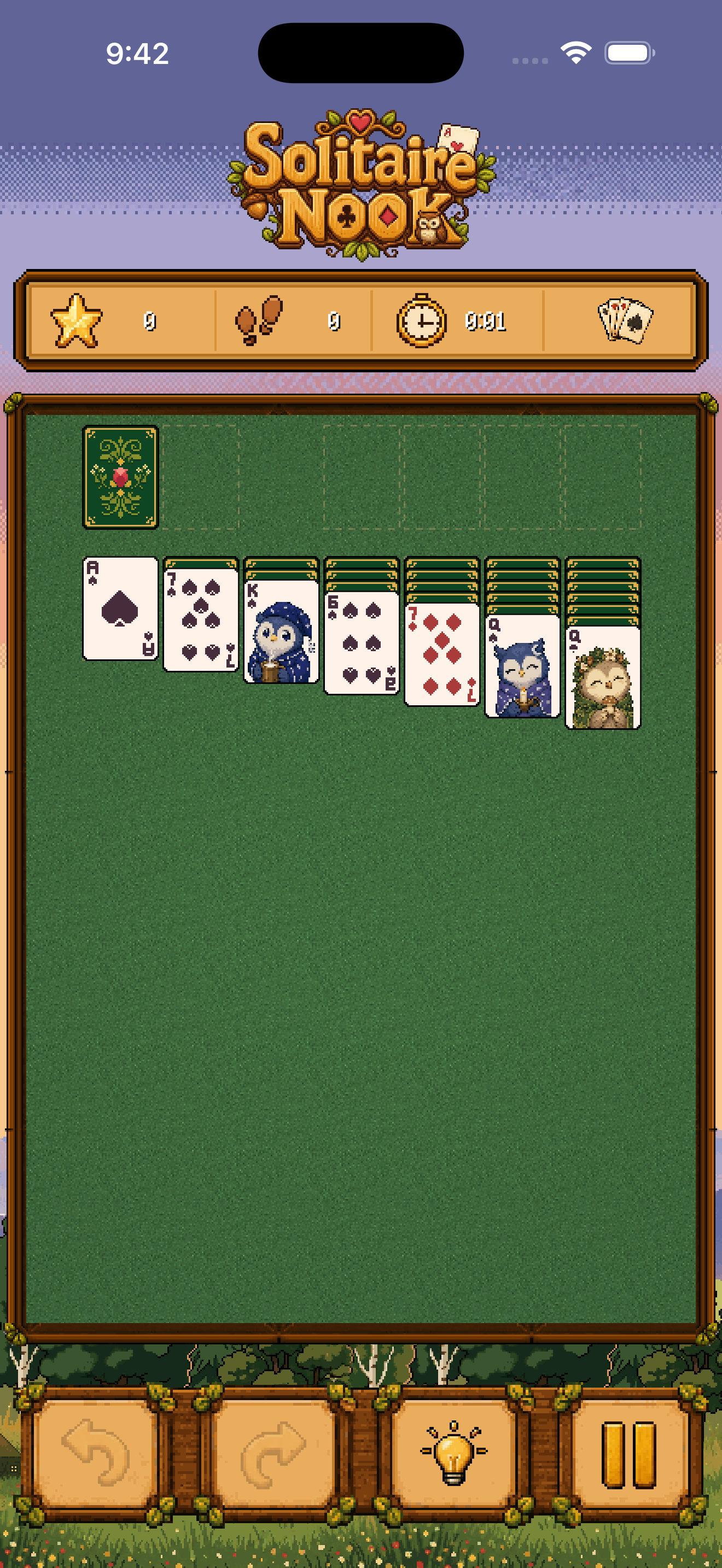Solitaire Nook — Klondike board mid-game on the cozy felt