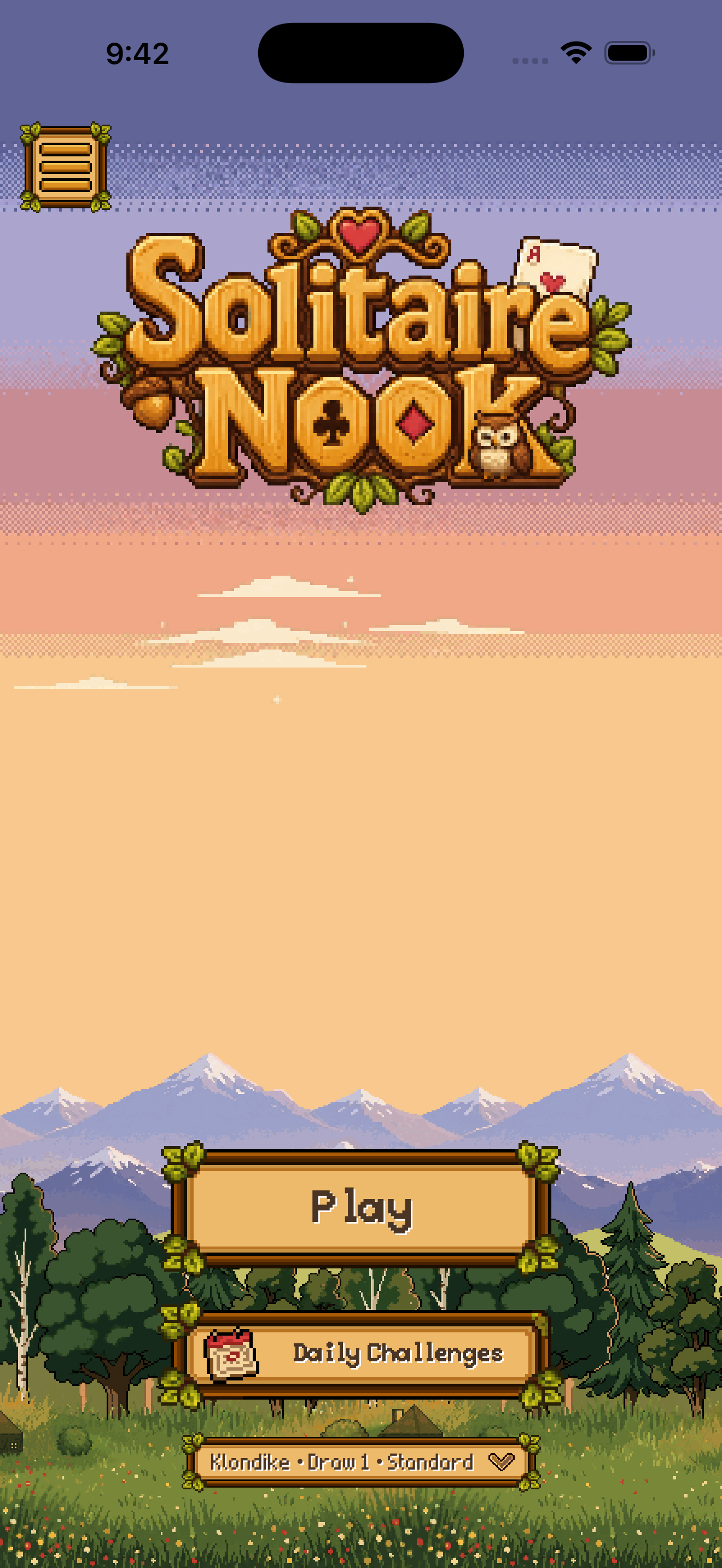 Solitaire Nook — main menu with cozy SNES chrome
