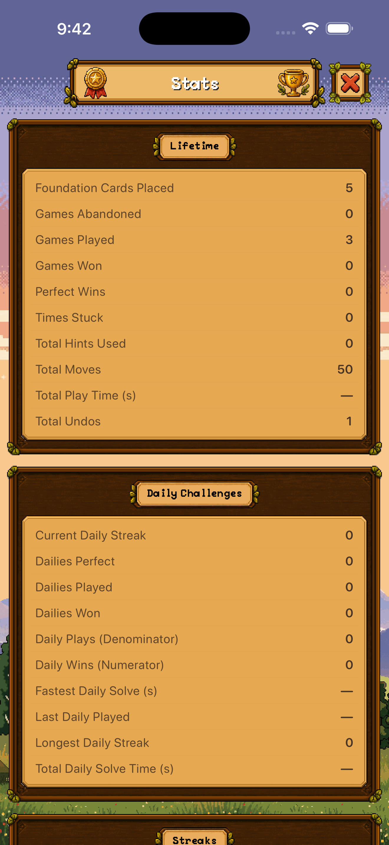 Solitaire Nook — stats screen